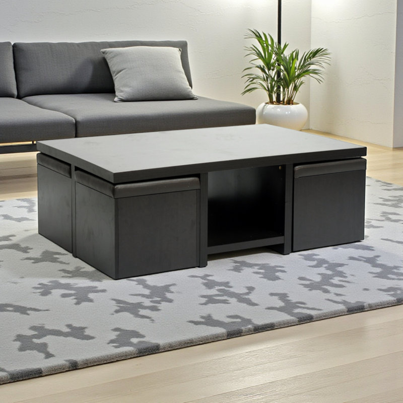 Table basse 4 repose-pieds cubiques avec couvercles en similicuir brun foncé, H 16,97 po, l 47,61 po, P 31,13 po