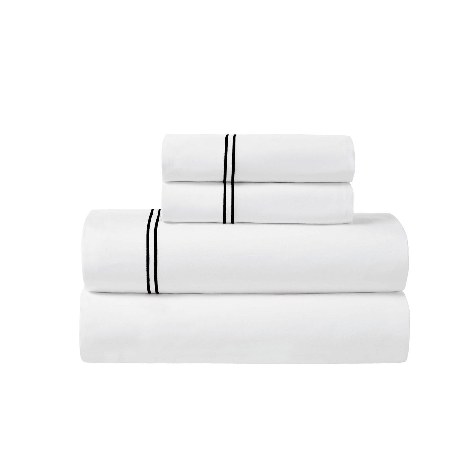 Two-Line Embroidered Cotton Sheet Set, California King Sheet Set with 2 Pillowcases, White/Black