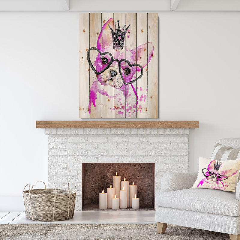 Mignon chien rose avec des lunettes en forme de cœur - reproduction d'art, H 46 po x l 36 po x P 1,5 po, Bois