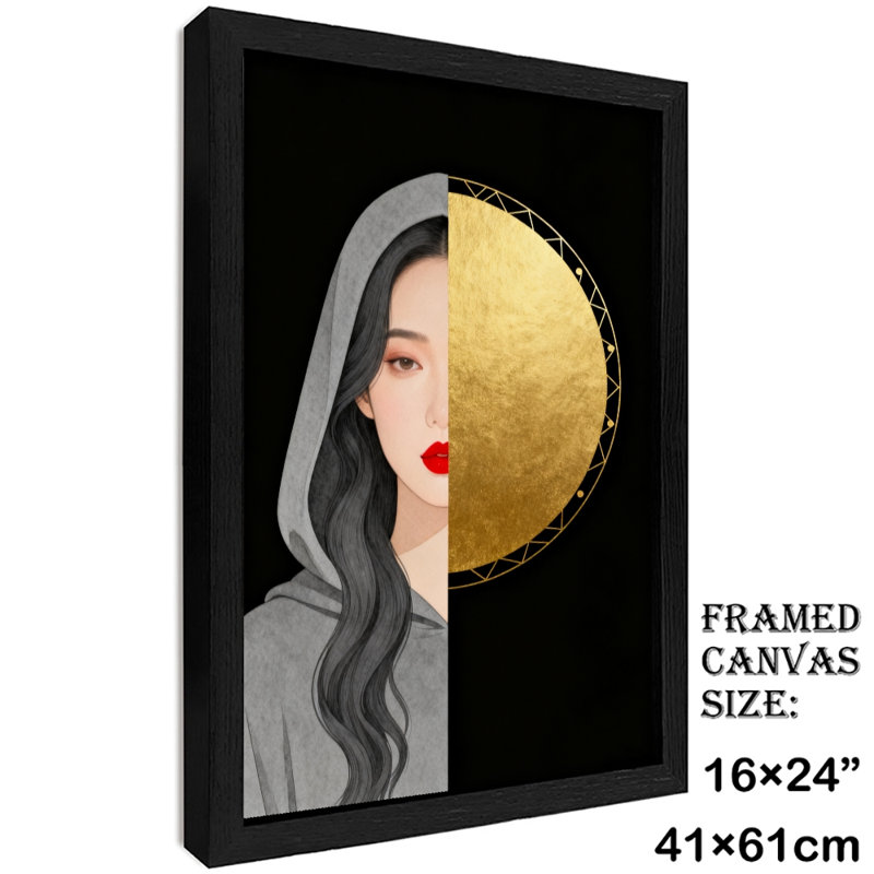 Comparaison rétro encadrée noire entre objets moitié-visage et demi-cercle, art rétro, H 25 po x l 17 po