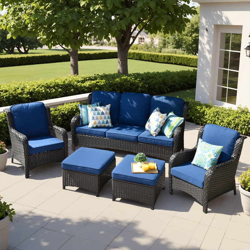 Tommy 5 - Person Patio Conversation Set with Cushions, Navy Blue Cushion/Brown Frame, No