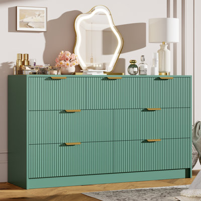 54" Wide 7 Drawer Dresser with Fluted Design and Metal Handle, Modern Chest of Drawers TV Stand for Bedroom Living Room Hallway,Dark green