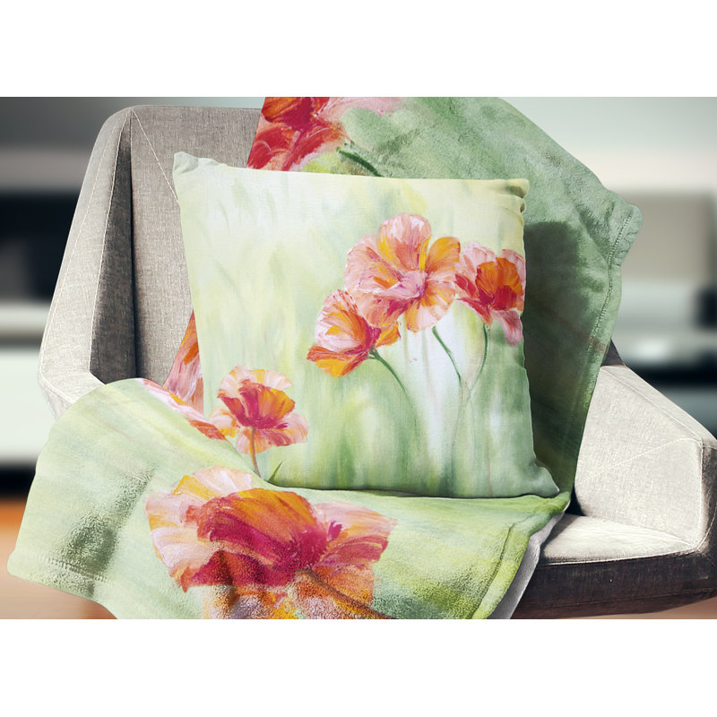 Coussin Poppies en vert clair - imprimé floral, 18 po x 18 po, Carré