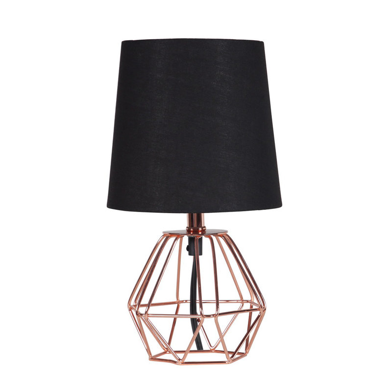 11.25" Copper Metal Table Lamp With Black Semi-Drum Shade, Inline Switch, E12 Base