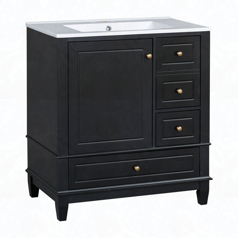 Meuble-lavabo autoportant avec lavabo, une porte avec tablette et trois tiroirs, Noir, noir, noir, noir