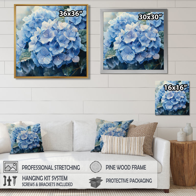 Hortensias dans la pluie printanière I - hydrangées, décoration murale, Reproduction encadrée d'une seule photo