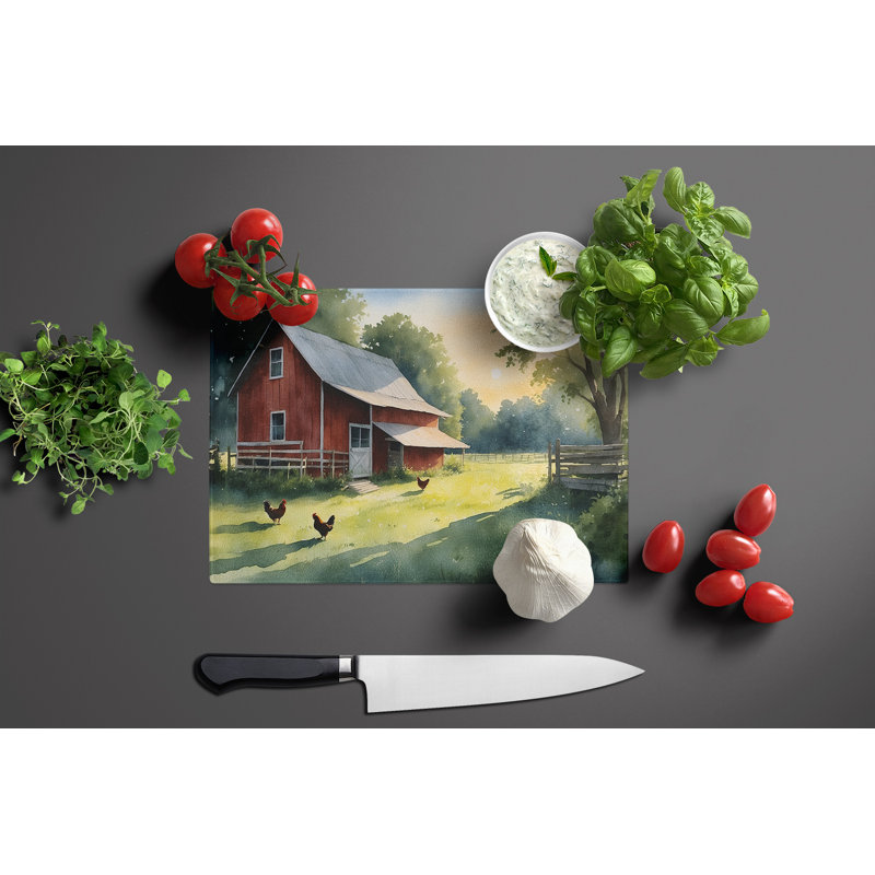 Chicken Coop at Dawn Glass Cutting Board