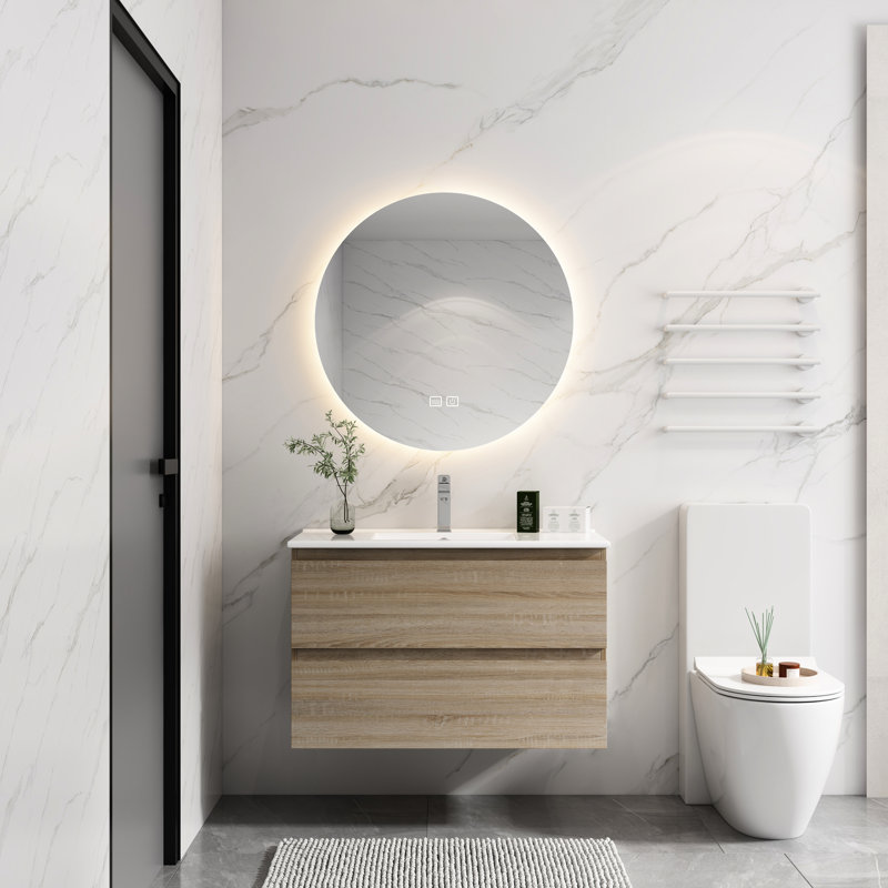 Meuble-lavabo moderne 36 po - Lavabo en céramique, 2 tiroirs à fermeture en douceur, couleur chêne, fixation murale avec lavabo, fixation
