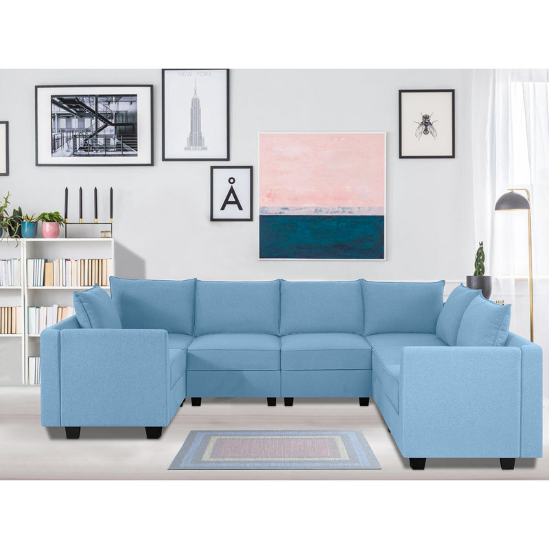 Canapé modulaire Yufei, Robin 100% lin bleu œuf
