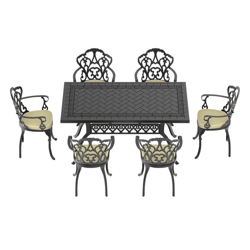 Ensemble de 7 pièces de mobilier de patio en fonte d'aluminium avec coussins, 7 pièces : table, 6 chaises