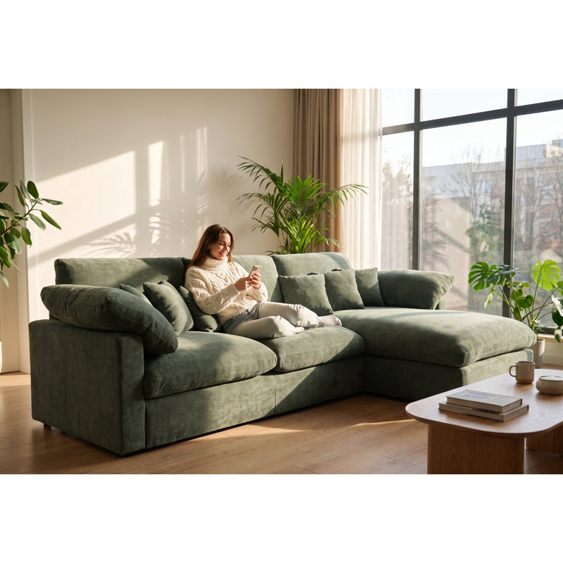 Vellora-121“ Modern Chenille L-Shaped Sectional Sofa With Right-Facing Chaise, Green Chenille