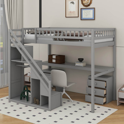 Lit mezzanine simple avec tiroirs, bureau et bande lumineuse