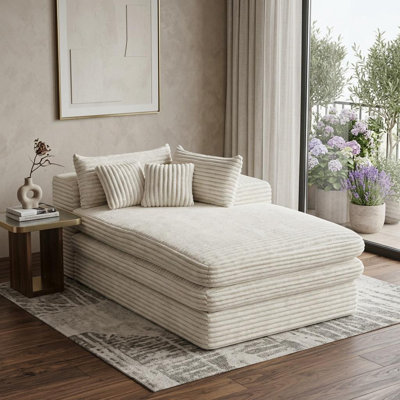 Chaise longue en velours côtelé blanc avec accoudoir à droite