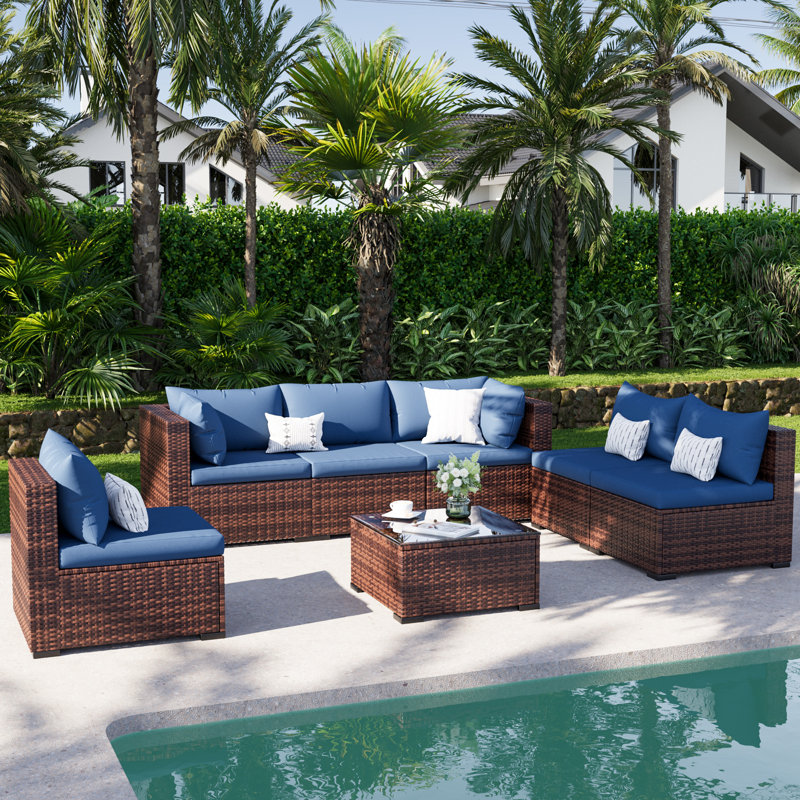 Ensemble de conversation modulaire en rotin 7 pièces avec coussins Bhairavi, Bleu marine