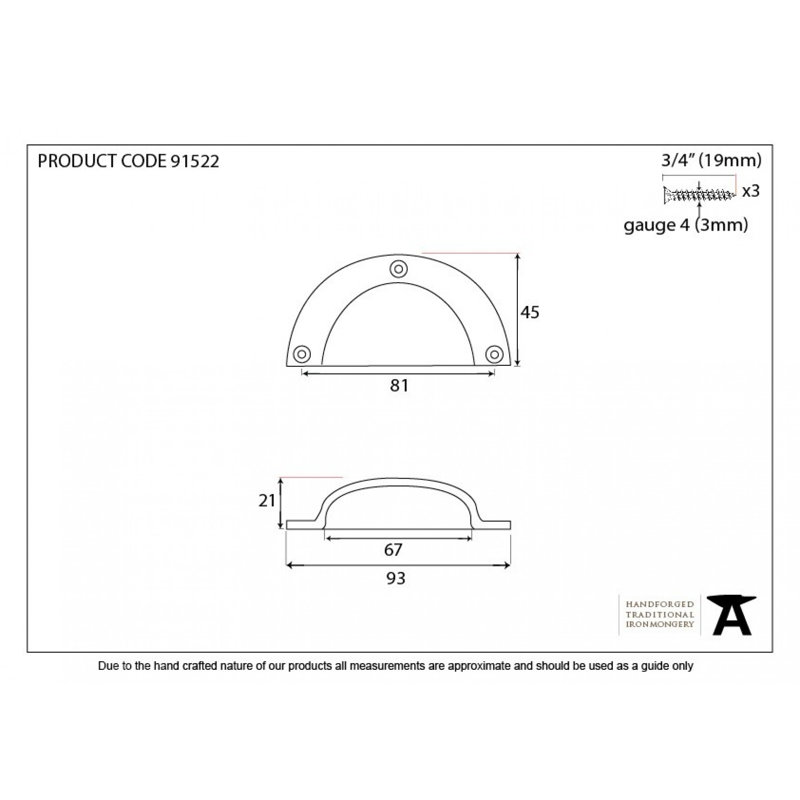 Plain 8.1 cm centre Cup Handle, Aged Brass