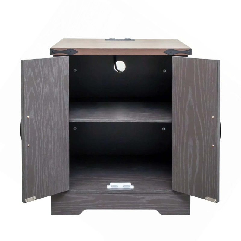Farmhouse Barn Doors End Table With Charging Station And Adjustable Shelf For Versatile Use, Gray