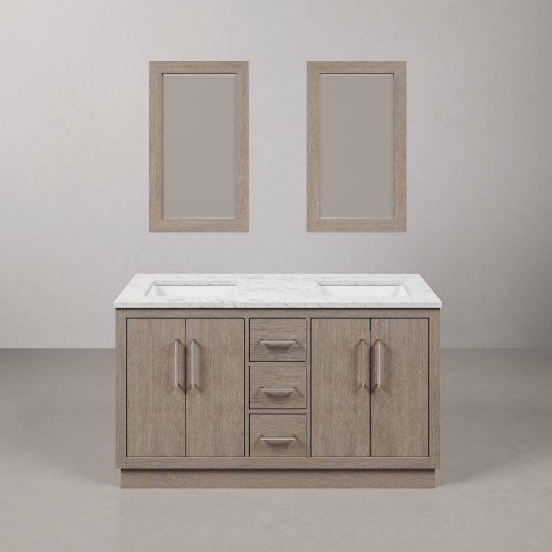Hugo 60 In. Double Sink Carrara White Marble Countertop Vanity In Grey Oak With Mirrors, Chrome