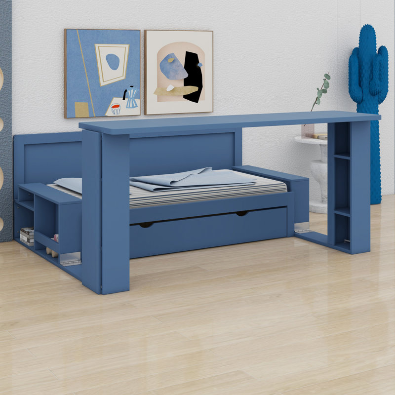 Lit de jour avec bureau amovible, tiroirs de rangement et table d'appoint hydraulique, Bleu, Double