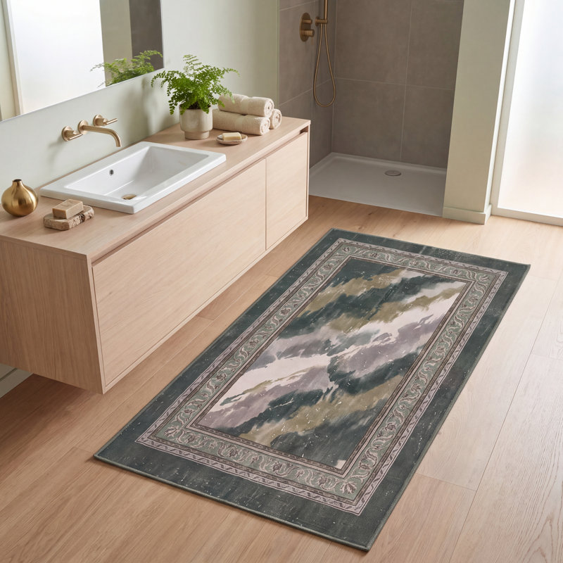 Tapis Highland2 moderne à l'aspect vieilli, aquarelle abstraite verte, grise et blanche, lavable à la machine, antidérapant, à poils courts, pour l'intérieur et l'extérieur, adapté aux animaux domestiques, idéal pour le salon, la chambre, la salle à manger, l'entrée, le couloir ou le bureau.