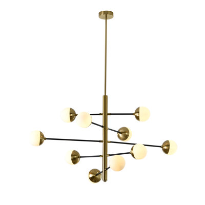 Transitional 10-Light Brass And Black Chandelier With Milk White Glass Shades