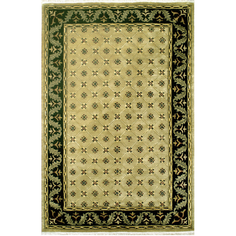 Tapis oriental vert / olive / noir en laine touffeté à la main, Rectangle 9 pi 6 po x 13 pi 6 po