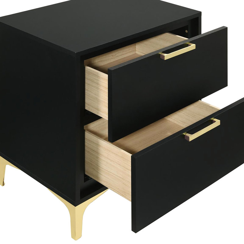 Table de chevet moderne noire et dorée pour la chambre à coucher - 2 tiroirs de rangement avec de nombreux tiroirs, Noir