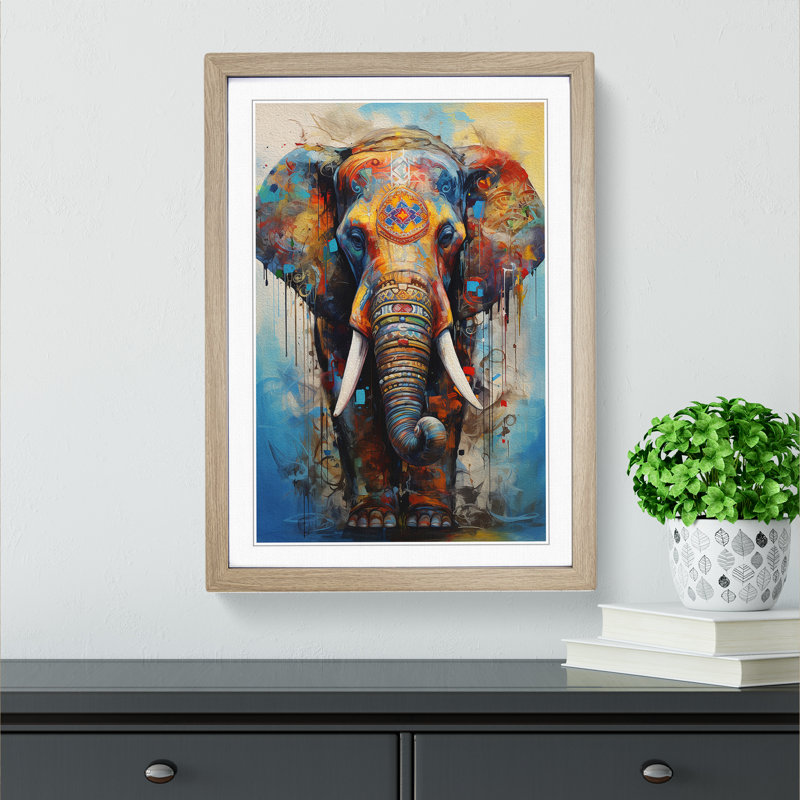 Elephant Informel - Framed Print, 34" H x 25" W x 2" D, Oak