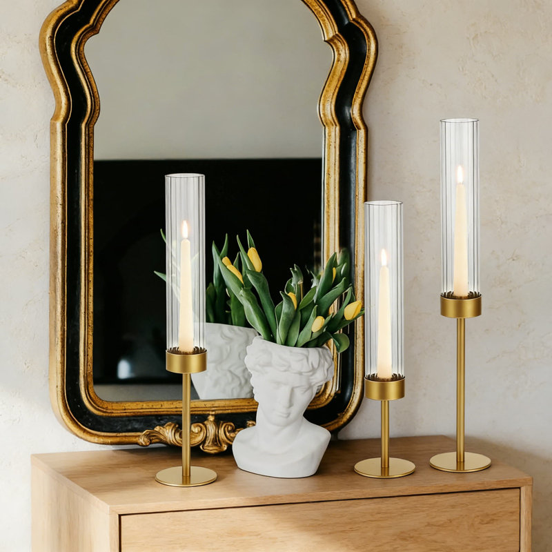Ensemble de 6 porte-bougies en verre ouragan avec base en métal doré, porte-bougies à plusieurs niveaux