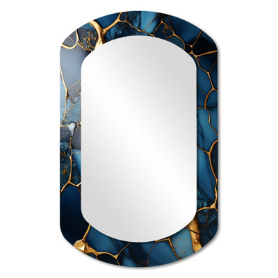 Gold and Sapphire Blue Marble Mosaic IV - Abstract Cylinder Large Wall Mirror, Modern Asymmetrical Unique Mirror, Printed Metal Art