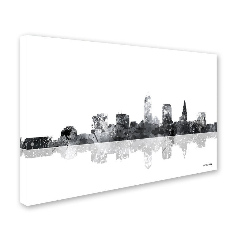 « cleveland ohio horizon bg-1 », reproduction d’impression sur toile tendue en noir et blanc, H 30 po x l 47 po x P 2 po