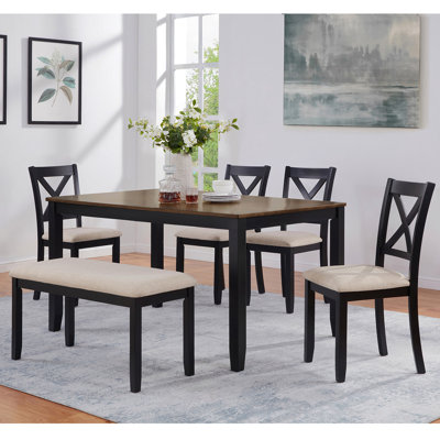 Ensemble de table de salle à manger 6 pièces avec banc, ensemble de table à manger en bois classique pour 6 personnes, ensemble de table de salle à manger 6 personnes Timeless Farmhouse pour la salle à manger, cuisine, noir et chêne deux tons