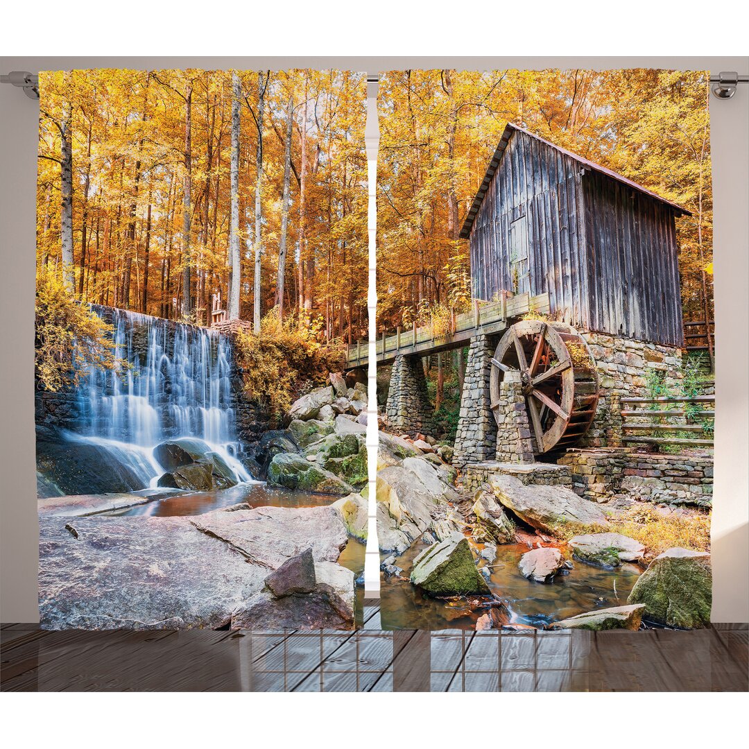 Rustikaler Vorhang, Historische Mühle Herbst, Wasserfall, Gelb Braun