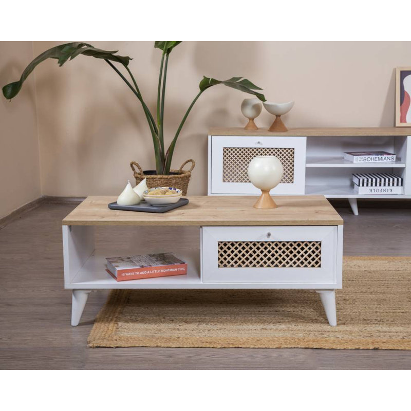 Modern Coffee Table with Additional Storage, White & Oak Finish, 39.4 x 21.7 x 17.7 Inches | 100% MDF & Pine Wood, Soft-Close Doors | Scandinavian Geometric Design, Perfect for Living Room & Contemporary Spaces