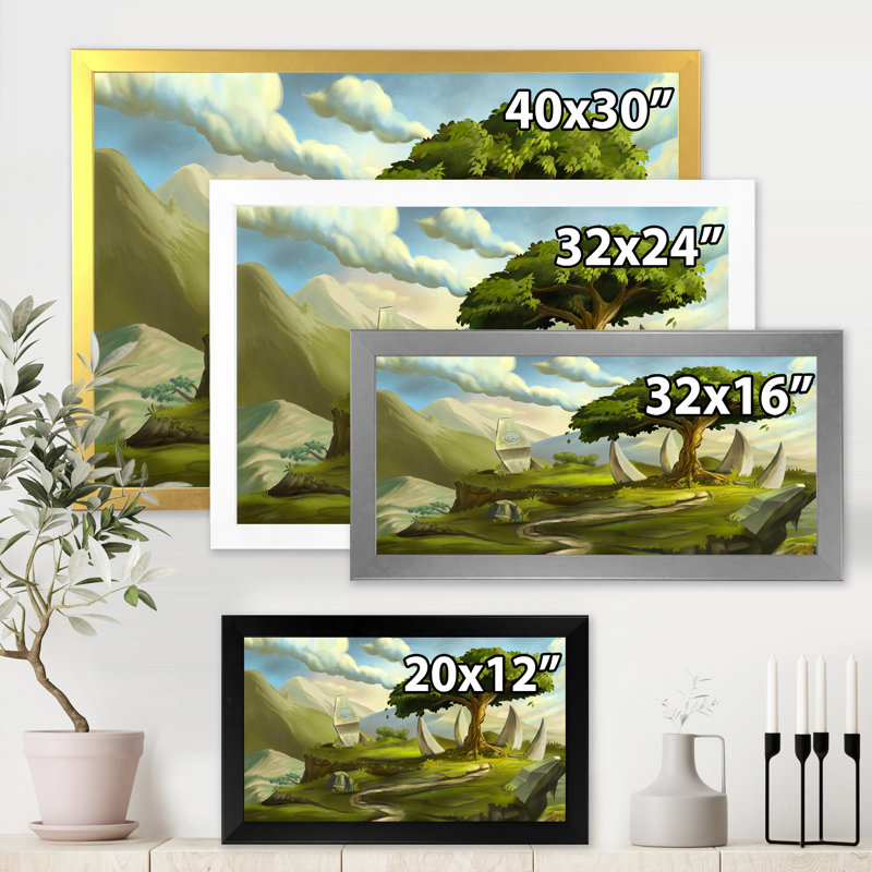 «Sacred Tree in a Fantasy Landscape», impression sur toile encadrée, Encadrement argenté, H 30 po x l 40 po x 1,5 po
