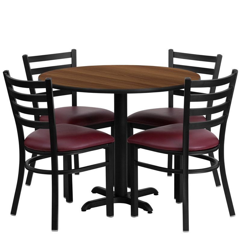 Jinnie 36'' Round Laminate Table Set with X-Base and 4 Ladder Back Metal Chairs, Walnut, Burgundy