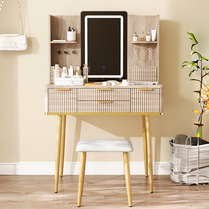 Meuble-lavabo cannelé avec 4 tiroirs, miroir à DEL et poignées en métal, coiffeuse à collier en forme de collier jaune et brun
