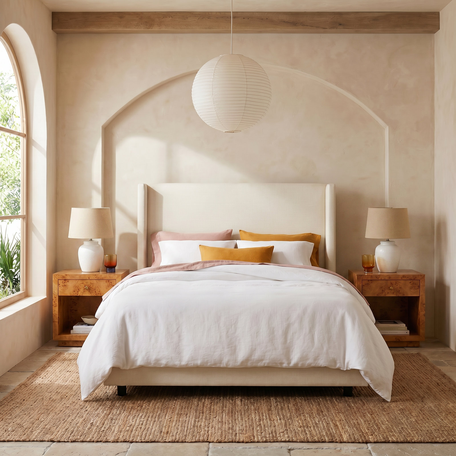Hanson Linen Upholstered Wingback Bed, King, Zuma White Textured Linen