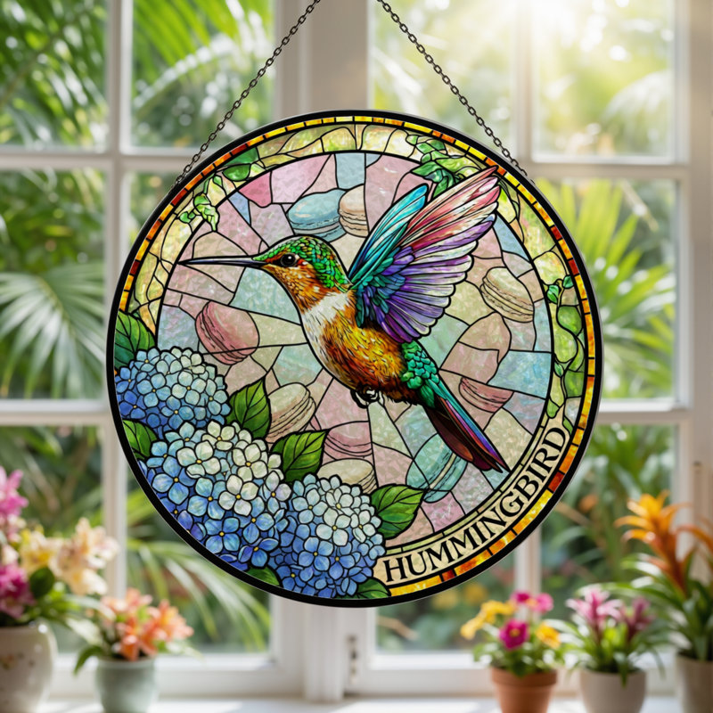Panneau de vitrail 12 "Hummingbird Flowers, H 12 po x l 12 po