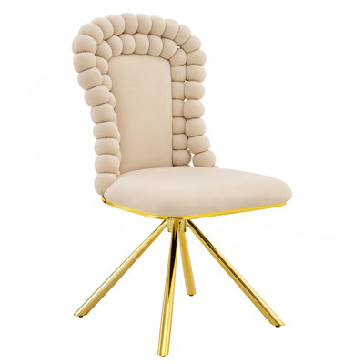 Set Of 2 Beige Puffy Bubble Chair Ball Chain Chair Velvet Dining Chairs With Gold Legs, Modern Upholstered Accent Chairs For Dining Room & Kitchen