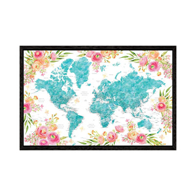 Detailed Colorful Floral World Map Halen by Blursbyai - Floater Frame Gallery-Wrapped Canvas Giclée on Canvas