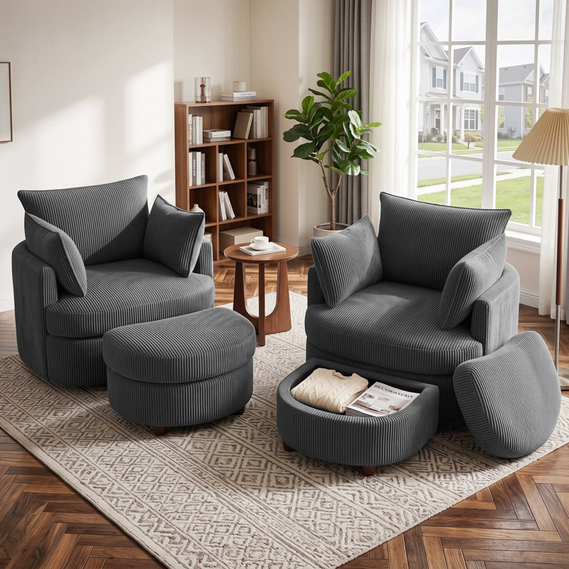 Fauteuil d'appoint pivotant en tonneau avec rangement caché Corduroy (ensemble de 2), Gris