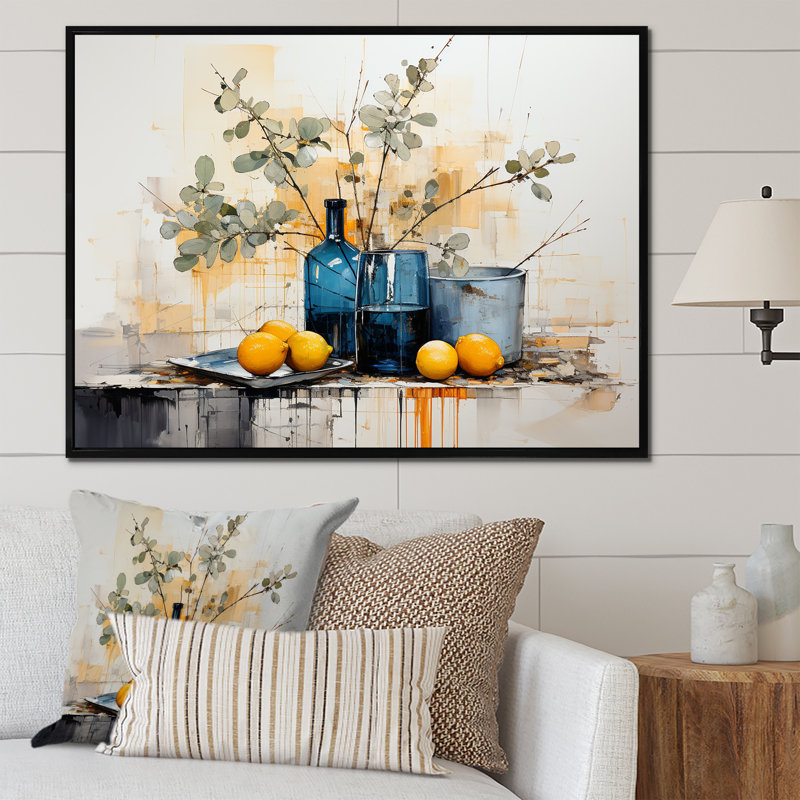 Bleu et jaune agrume Boho Pottery I - Boho Pottery, art mural, Cadre flottant noir, H 30 po x l 40 po x P 1,5 po