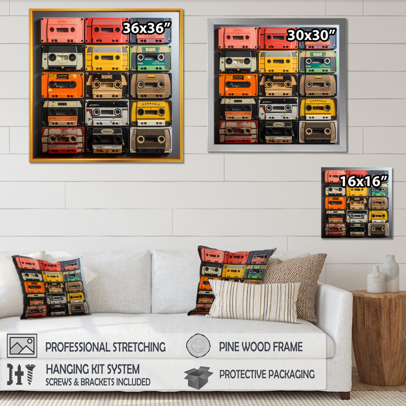 Art mural rétro Cassette Collages IV - Cassette, Toile tendue, H 16 po x l 16 po x P 1 po