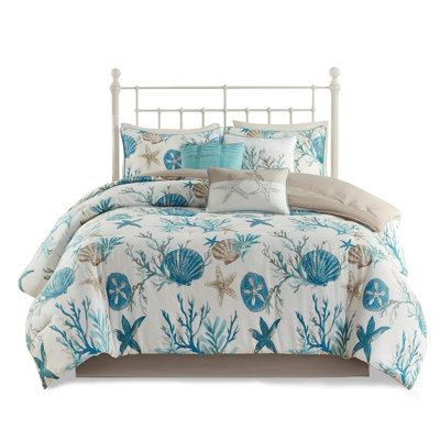 King Comforter In - 7 Piece Cotton Teal Accents Fill Bedding Starfish & Corals