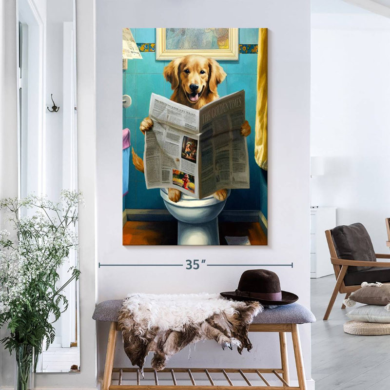 Golden retriever sur une toilette sur toile, H 39 po x l 26 po x P 1,25 po