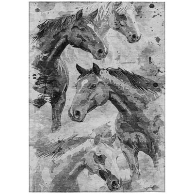5' X 8' Gray And Silver Horse Washable Indoor Outdoor Area Rug