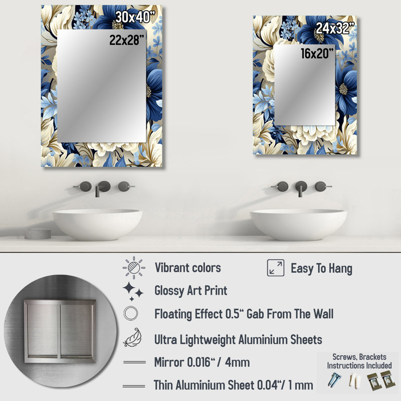 «Antre Coastal Blues White Flowers Blooms», grand miroir floral, miroir mural décoratif floral, impression d'art en métal