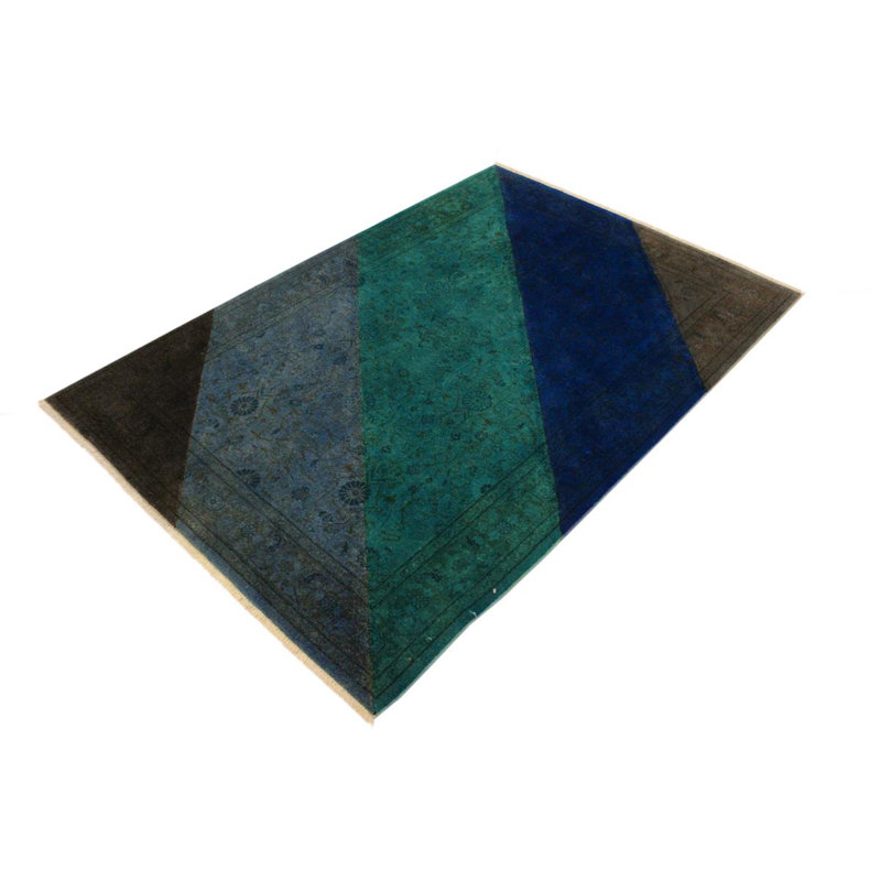 Tapis rayé bleu / vert en laine noué à la main 4 pi 1 po x 6 pi 0 po Moraal