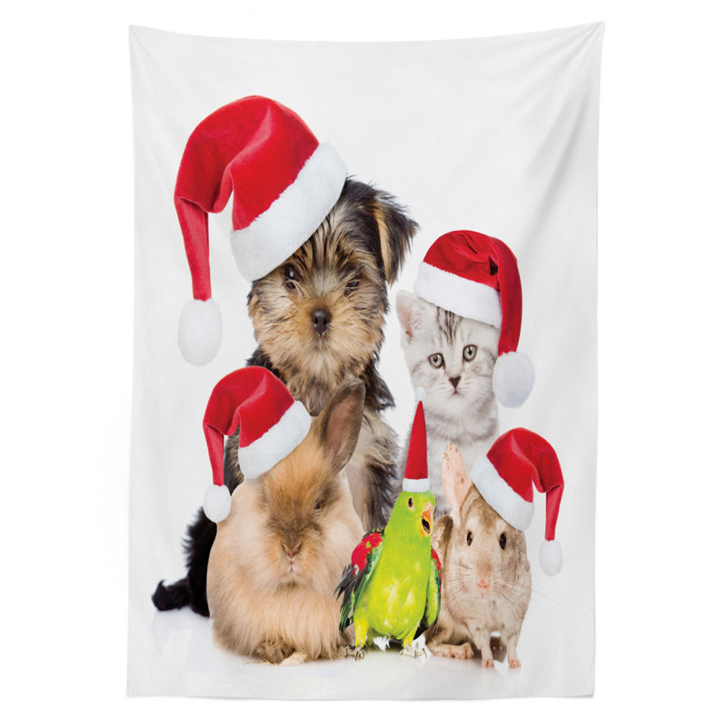 Xmas Crew Cat Dog Bird Mouse and Rabbit Bunny with Santa Hats Grumpy Pets Picture Tablecloth, 90" x 60"