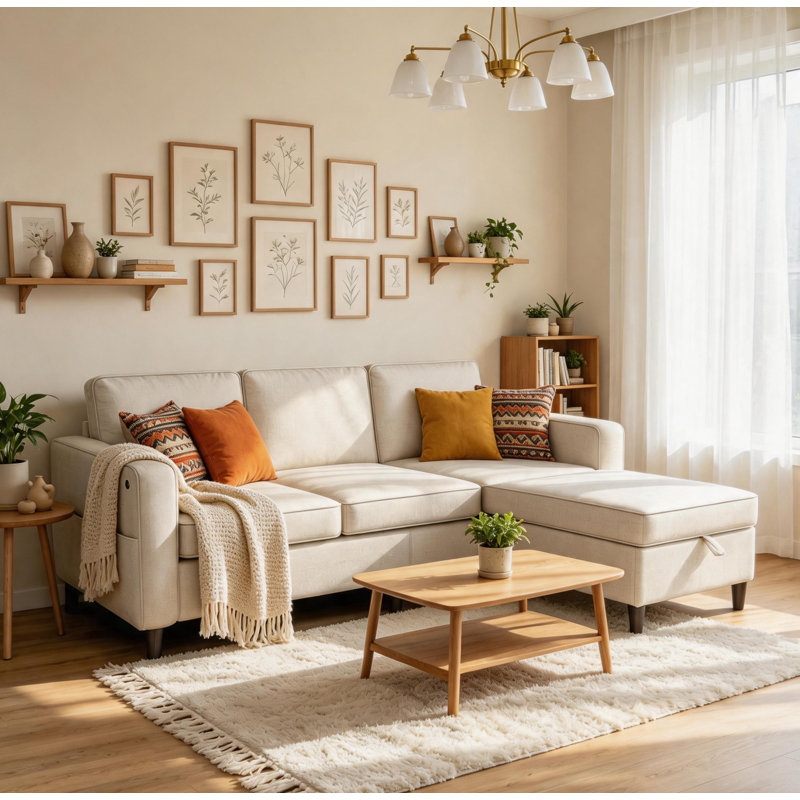 Canapé rembourré de 78 po avec repose-pieds avec rangement, Beige
